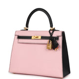 Hermes Special Order (HSS) Kelly Sellier 25 Rose Sakura and Black Chevre Mysore Brushed Gold Hardware