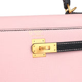 Hermes Special Order (HSS) Kelly Sellier 25 Rose Sakura and Black Chevre Mysore Brushed Gold Hardware