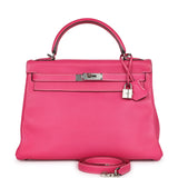 Pre-owned Hermes Kelly Retourne 32 Rose Tyrien Candy Epsom Palladium Hardware