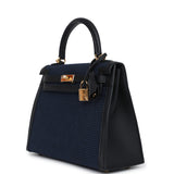 Hermes Quadrille Kelly Sellier 25 Black Swift and Bleu Saphir Toile Gold Hardware