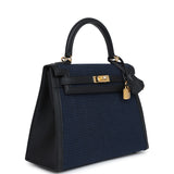 Hermes Quadrille Kelly Sellier 25 Black Swift and Bleu Saphir Toile Gold Hardware