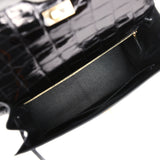 Hermes Kelly Sellier 32 Black Shiny Porosus Crocodile Gold Hardware