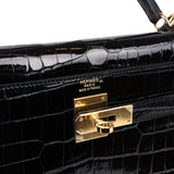 Hermes Kelly Sellier 32 Black Shiny Porosus Crocodile Gold Hardware