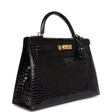 Hermes Kelly Sellier 32 Black Shiny Porosus Crocodile Gold Hardware