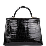 Hermes Kelly Sellier 32 Black Shiny Porosus Crocodile Gold Hardware