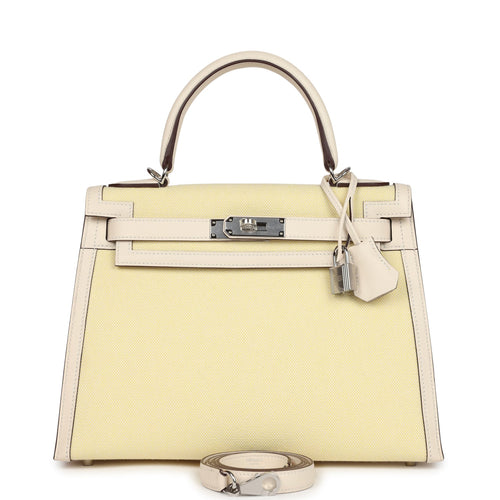 Hermes Kelly Sellier 28 Nata Swift and Jaune Citron Toile H Canvas Palladium Hardware