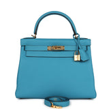 Pre-owned Hermes Kelly Retourne 28 Turquoise Togo Gold Hardware