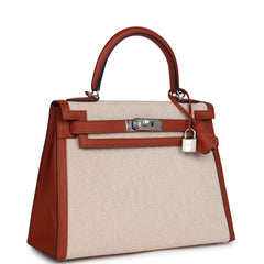 Hermes Kelly Sellier 28 Cuivre Swift and Ecru Toile H Palladium Hardware