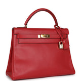 Vintage Hermes Kelly Retourne 32 Rouge Vif Ardennes Gold Hardware