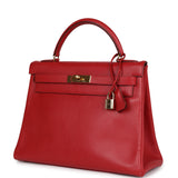 Vintage Hermes Kelly Retourne 32 Rouge Vif Ardennes Gold Hardware