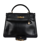 Vintage Hermes Kelly Retourne 32 Black Box Gold Hardware