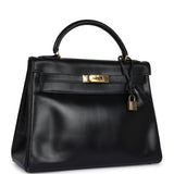 Vintage Hermes Kelly Retourne 32 Black Box Gold Hardware