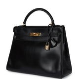 Vintage Hermes Kelly Retourne 32 Black Box Gold Hardware