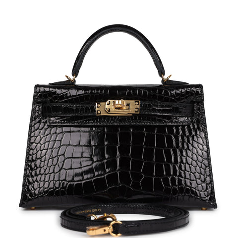 Hermes Kelly Sellier 20 Black Shiny Alligator Gold Hardware