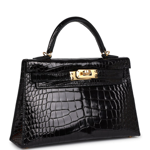 Hermes Kelly Sellier 20 Black Shiny Alligator Gold Hardware