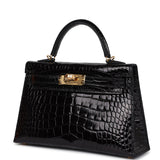 Hermes Kelly Sellier 20 Black Shiny Alligator Gold Hardware