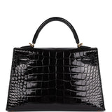 Hermes Kelly Sellier 20 Black Shiny Alligator Gold Hardware