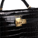 Hermes Kelly Sellier 20 Black Shiny Alligator Gold Hardware