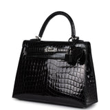 Hermes Kelly Sellier 25 Black Shiny Niloticus Crocodile Palladium Hardware