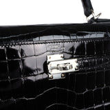 Hermes Kelly Sellier 25 Black Shiny Niloticus Crocodile Palladium Hardware