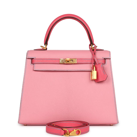 Hermes Special Order (HSS) Kelly Sellier 25 Rose Confetti and Rose Lipstick Chevre Brushed Gold Hardware