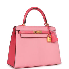 Hermes Special Order (HSS) Kelly Sellier 25 Rose Confetti and Rose Lipstick Chevre Brushed Gold Hardware