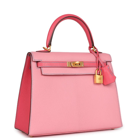 Hermes Special Order (HSS) Kelly Sellier 25 Rose Confetti and Rose Lipstick Chevre Brushed Gold Hardware