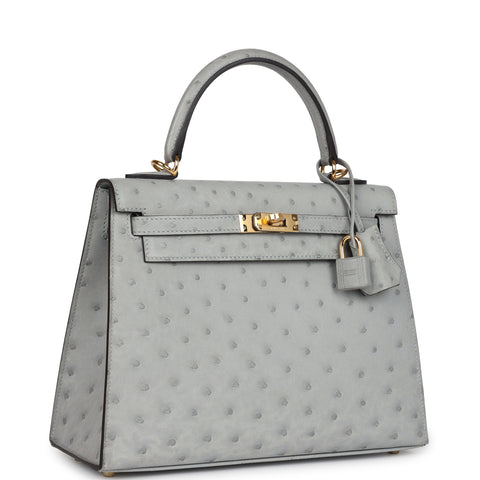 Hermes Kelly Sellier 25 Bleu Glacier Ostrich Gold Hardware