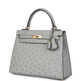 Hermes Kelly Sellier 25 Bleu Glacier Ostrich Gold Hardware