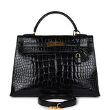 Hermes Vintage Kelly Sellier 32 Black Shiny Alligator Gold Hardware