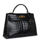 Hermes Vintage Kelly Sellier 32 Black Shiny Alligator Gold Hardware