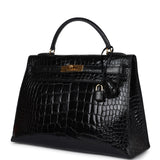 Hermes Vintage Kelly Sellier 32 Black Shiny Alligator Gold Hardware