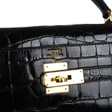 Hermes Vintage Kelly Sellier 32 Black Shiny Alligator Gold Hardware