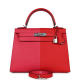 Hermes Kelly Sellier 28 Casaque Rouge De Coeur, Rose Extreme and Blue Zanzibar Epsom Palladium Hardware