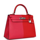 Hermes Kelly Sellier 28 Casaque Rouge De Coeur, Rose Extreme and Blue Zanzibar Epsom Palladium Hardware