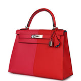 Hermes Kelly Sellier 28 Casaque Rouge De Coeur, Rose Extreme and Blue Zanzibar Epsom Palladium Hardware