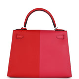 Hermes Kelly Sellier 28 Casaque Rouge De Coeur, Rose Extreme and Blue Zanzibar Epsom Palladium Hardware