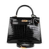 Hermes Kelly Sellier 25 Black Shiny Niloticus Crocodile Gold Hardware