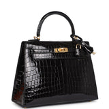 Hermes Kelly Sellier 25 Black Shiny Niloticus Crocodile Gold Hardware