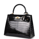 Hermes Kelly Sellier 25 Black Shiny Niloticus Crocodile Gold Hardware