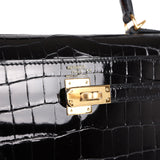 Hermes Kelly Sellier 25 Black Shiny Niloticus Crocodile Gold Hardware