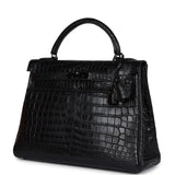 Pre-owned Hermes Kelly Retourne 32 SO Black Matte Niloticus Crocodile Black Hardware