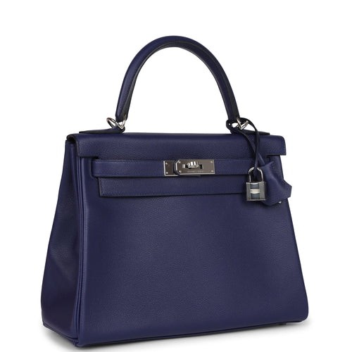 Pre-owned Hermes Kelly Retourne 28 Bleu Encre Verso Evercolor Palladium Hardware