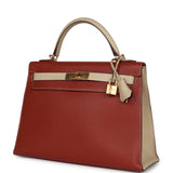 Pre-owned Hermes Special Order (HSS) Kelly Sellier 32 Brique and Parchemin Epsom Gold Hardware