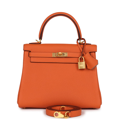 Hermes Special Order (HSS) Kelly Retourne 25 Orange Verso Togo Brushed Gold Hardware