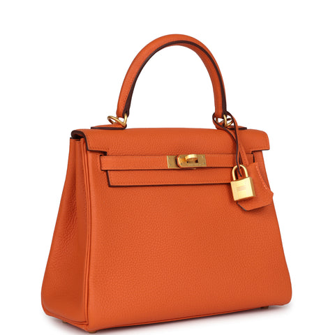 Hermes Special Order (HSS) Kelly Retourne 25 Orange Verso Togo Brushed Gold Hardware