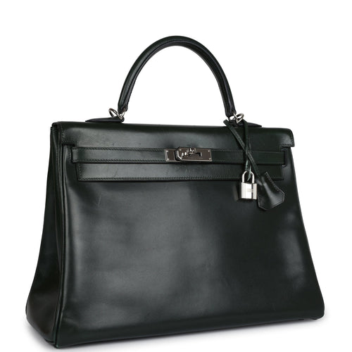 Pre-owned Hermes Kelly Retourne 35 Vert Fonce Box Palladium Hardware