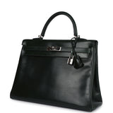 Pre-owned Hermes Kelly Retourne 35 Vert Fonce Box Palladium Hardware