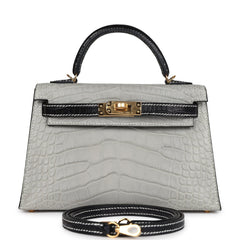 Hermes Special Order (HSS) Kelly Sellier 20 Gris Perle and Black Matte Alligator Gold Hardware