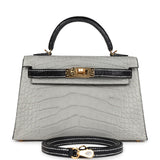 Hermes Special Order (HSS) Kelly Sellier 20 Gris Perle and Black Matte Alligator Gold Hardware